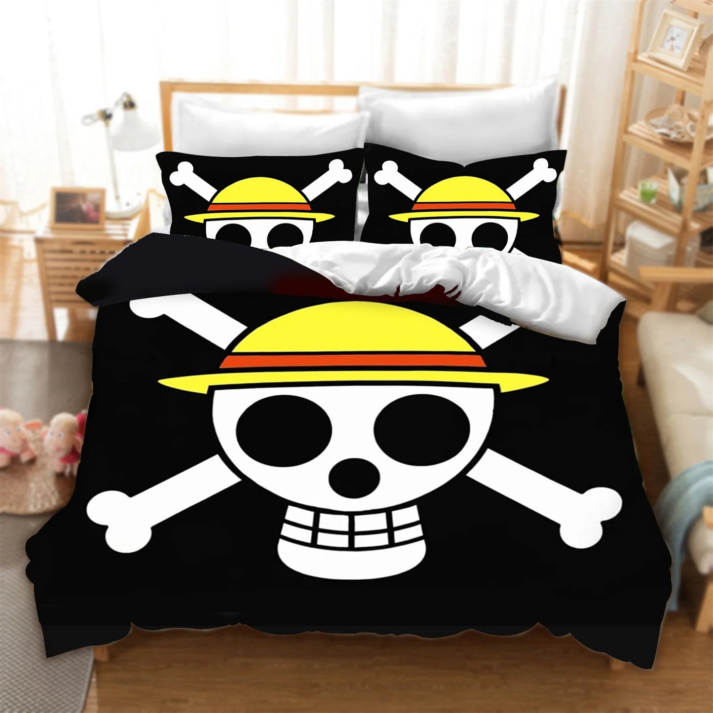 One Piece Bettwäsche-Set – Strohhut-Jolly-Roger-Logo (Schwarzer Hintergrund)