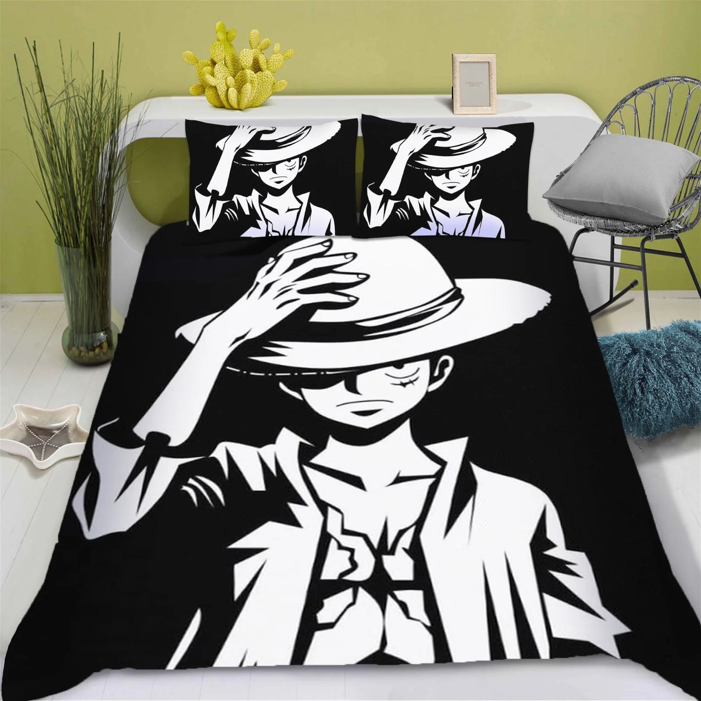 One Piece-Bettwäsche-Set – Schwarz-Weiß-Design mit Monkey D. Ruffy