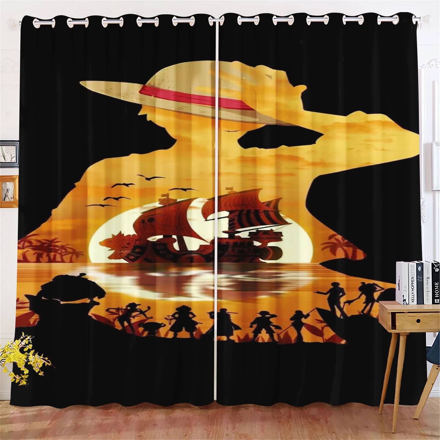 One-Piece-Vorhang – Silhouette der Crew im Sonnenuntergang
