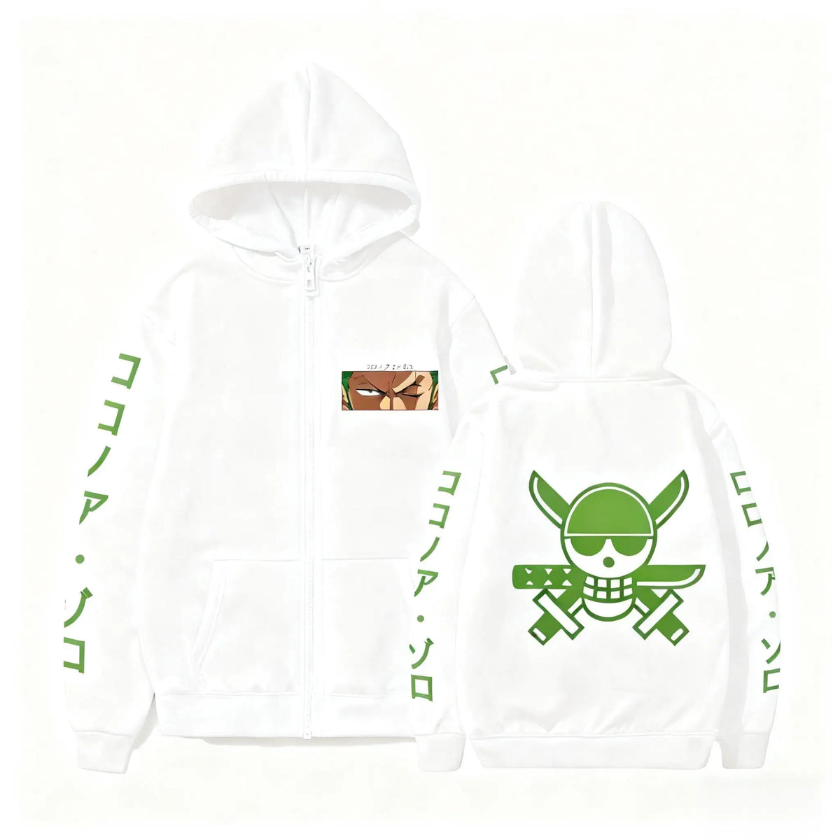 One Piece-Kapuzenpullover – Roronoa-Zoro-Design (Weiß & Grün)