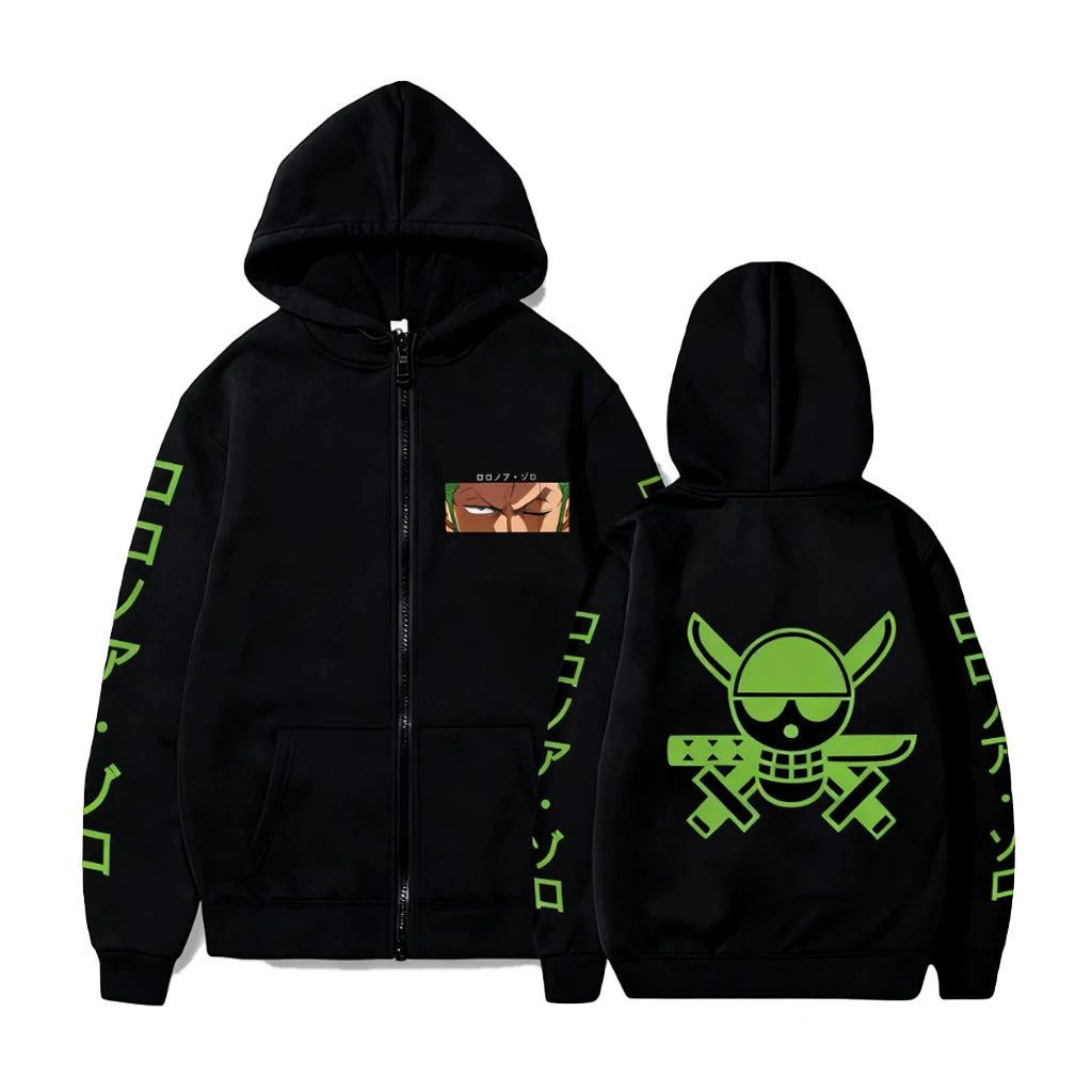 One Piece-Zip-Hoodie – Minimalistisches Zoro-Design (Schwarz)