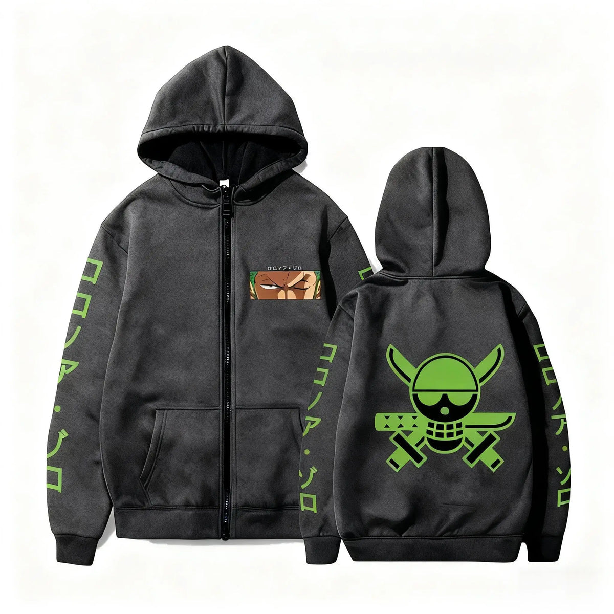 One Piece-Kapuzenpullover – Logo von Roronoa Zoro (Schwarz & Grün)