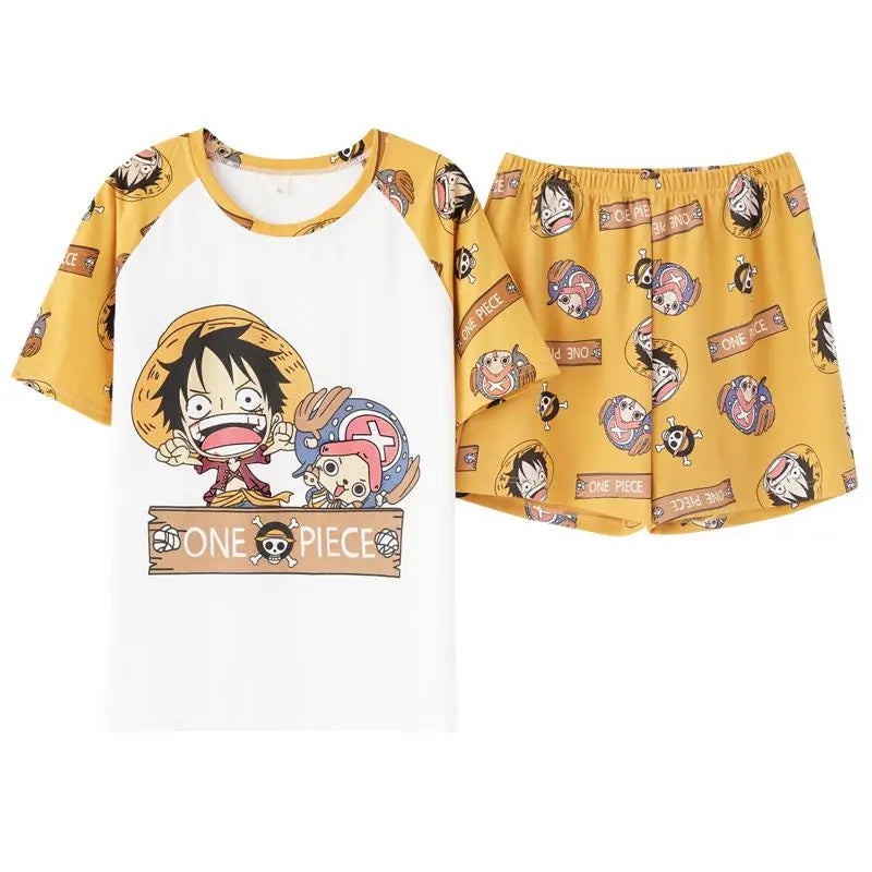 One-Piece-Kinderpyjama – T-Shirt und Shorts mit Luffy- und Chopper-Motiv (Gelb)