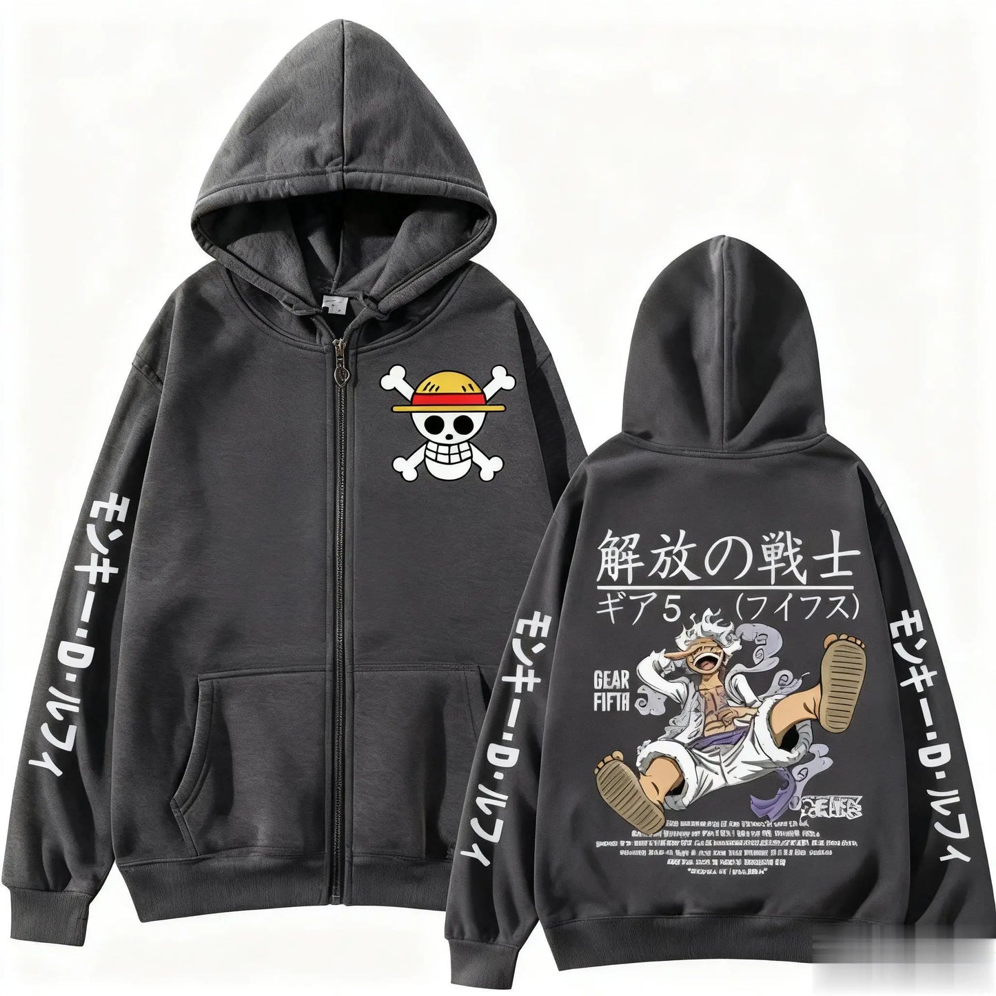 Sweat à Capuche Oversize One Piece - Gear 5 Nika & Kanis (Gris Anthracite)