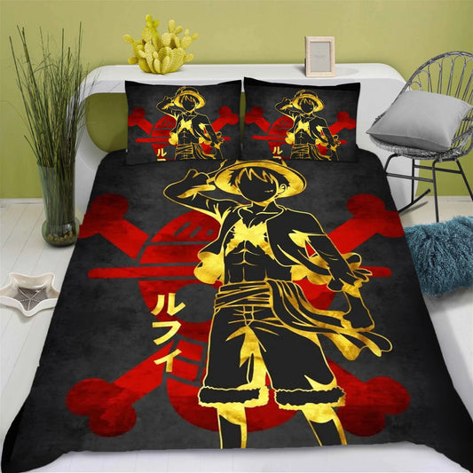 One Piece-Bettwäsche-Set – Silhouette von Ruffy Gear 5 Nika (Rot & Schwarz)