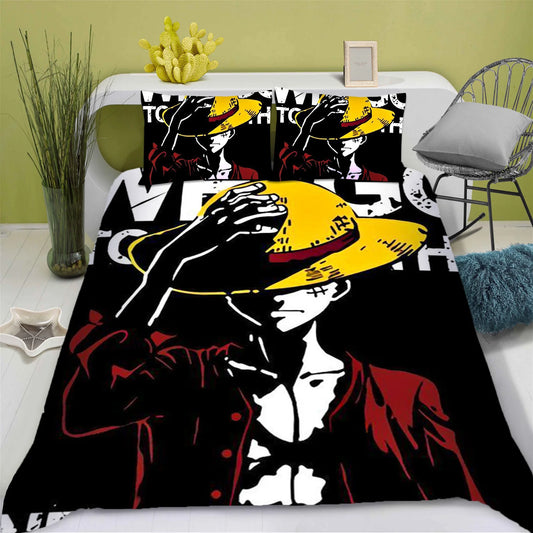 One Piece Bettwäsche-Set – Luffys Silhouette & Strohhut (Schwarz-Weiß)