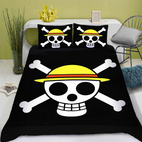 One Piece Bettwäsche-Set – Strohhut-Jolly-Roger-Logo (Schwarzer Hintergrund)