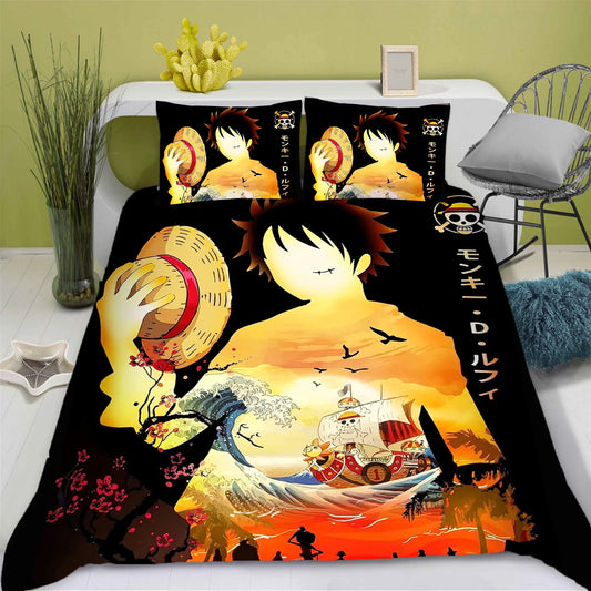 One Piece Bettwäsche-Set – Monkey D. Ruffy & Vogue Merry (Sonnenuntergang)