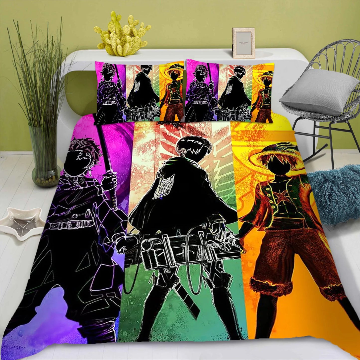 One Piece Bettwäsche-Set – Silhouettenporträts der Crew (Bunt)