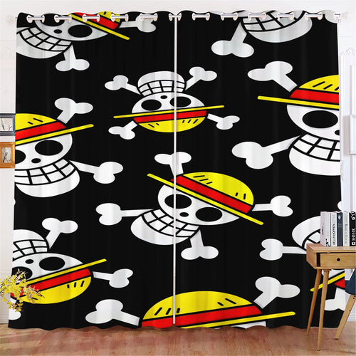One-Piece-Vorhang – Muster aus Totenkopf-Logos der Strohhüte auf schwarzem Hintergrund