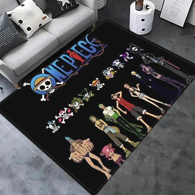 One-Piece-Teppich – Schwarzes „Jolly-Roger“-Design mit Chibi-Figuren