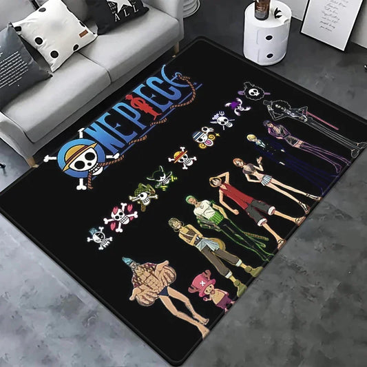 One-Piece-Teppich – Schwarzes „Jolly-Roger“-Design mit Chibi-Figuren