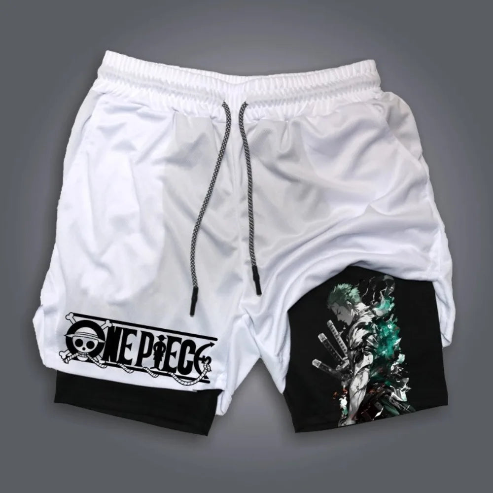 Short de Sport 2-en-1 One Piece - Design Zoro Style Wano (Blanc)