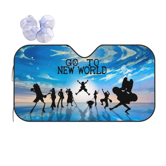 One Piece-Frontscheiben-Sonnenblende – Silhouetten der Strohhutpiraten mit Blick zum Horizont
