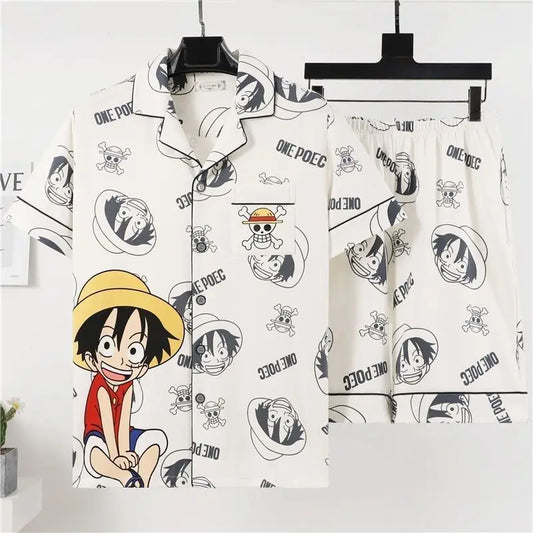 Ensemble pyjama One Piece - Imprimé Manga Noir & Blanc (Chemise & Pantalon)