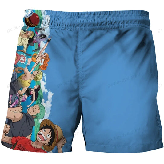 Short de Bain One Piece - Design Bleu Profond avec Personnages Chibi