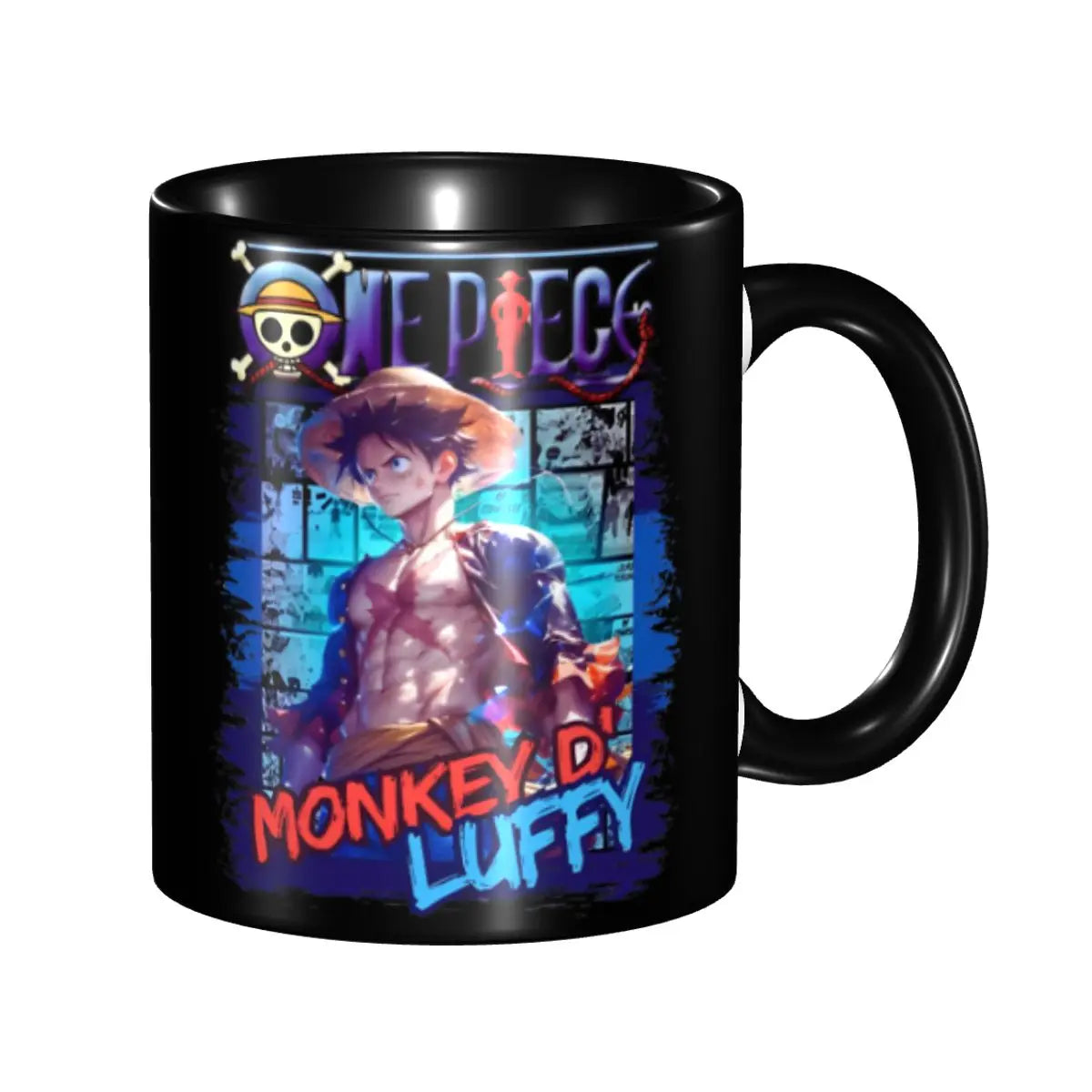 One Piece-Becher – Ruffy im Retro-Stil mit Holzaccessoires