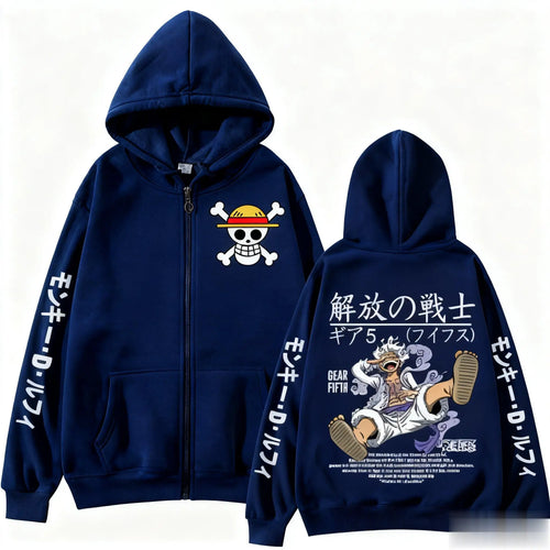 Sweat à Capuche Oversize One Piece - Silhouette Luffy Gear 5 (Bleu Marine)