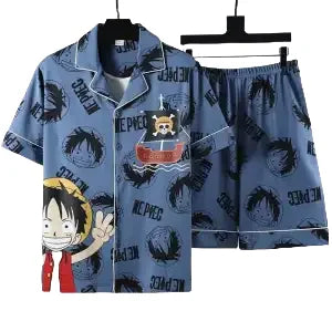 Pyjama Court One Piece  - Design "Mugiwara" All-Over (Bleu & Noir)