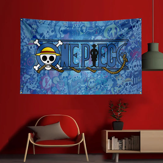One Piece-Flagge – Klassisches Jolly-Roger-Logo (Blauer Hintergrund)