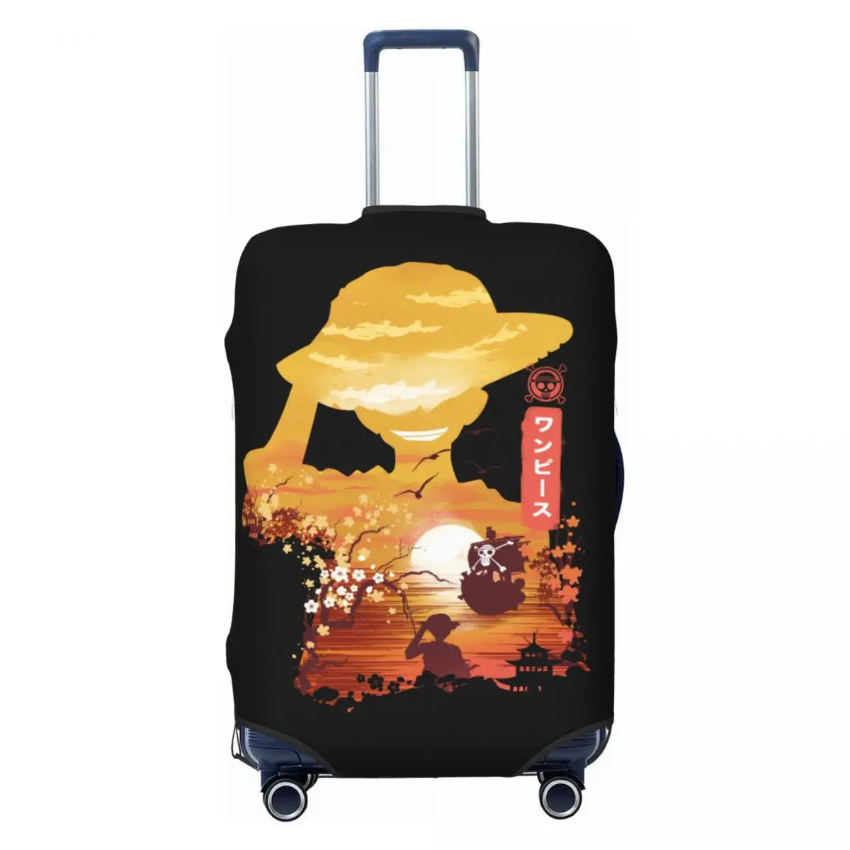 One Piece-Kofferschutzhülle – Ruffy-Silhouette bei Sonnenuntergang