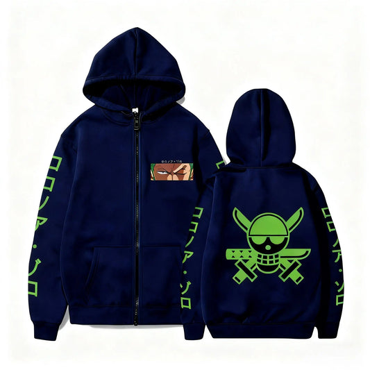 Sweat à Capuche Zippé One Piece - Roronoa Zoro & Sabres (Bleu Marine)