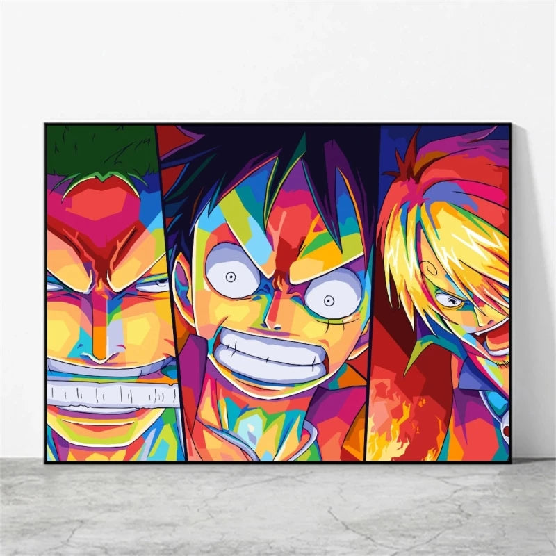 One Piece Pop-Art-Bild – Strohhutbande im Kampf als Triptychon