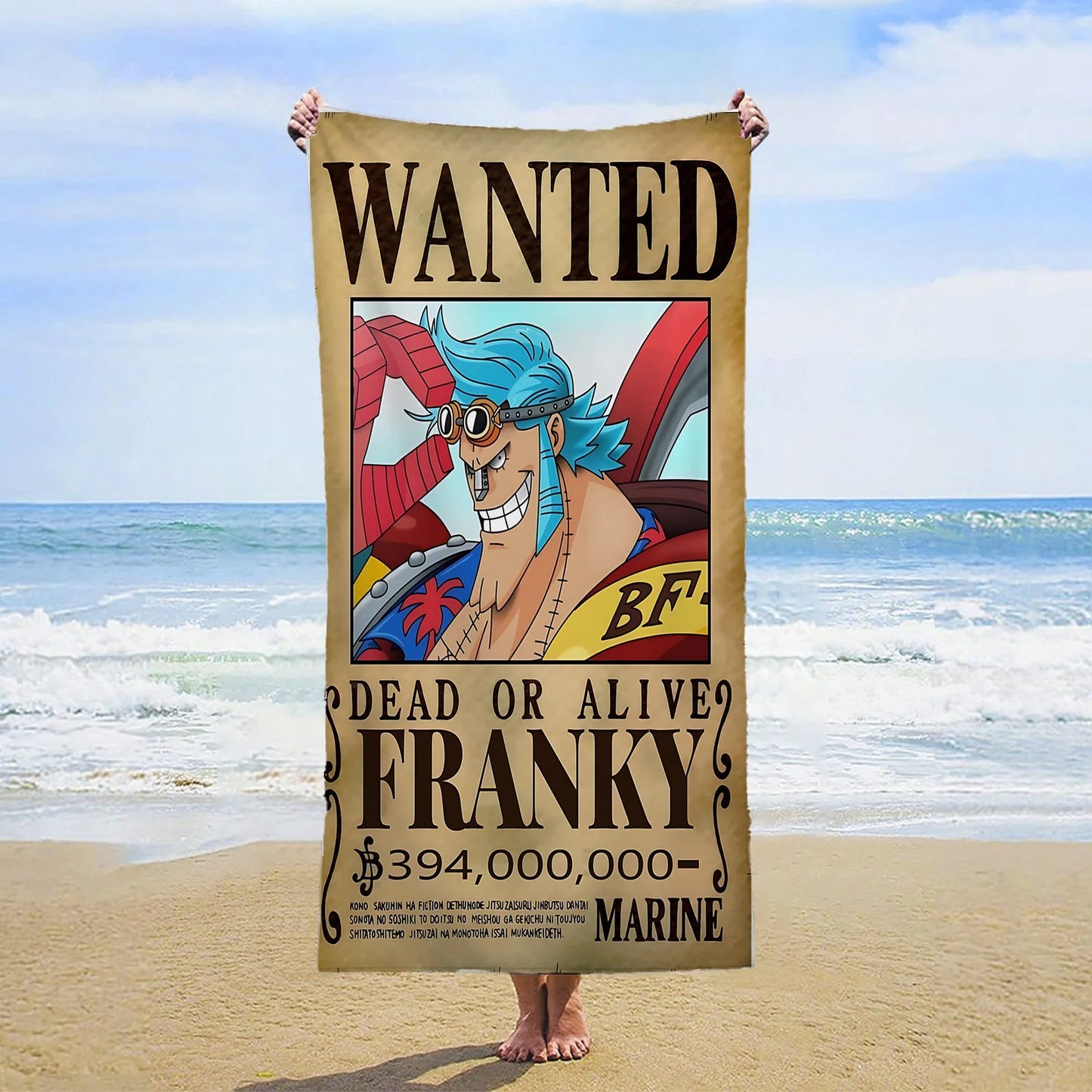 One Piece-Strandtuch – Wanted-Poster von Franky (Iron Pirate)