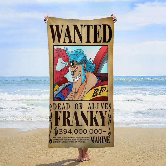 One Piece-Strandtuch – Wanted-Poster von Franky (Iron Pirate)
