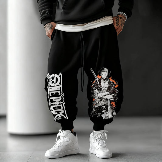 Pantalon de Jogging One Piece - Design Typographique & Personnages (Noir)