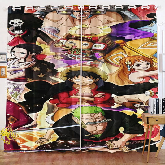 One-Piece-Vorhang – Gruppenszene mit Ruffy und seinen Freunden (Pastellfarben)