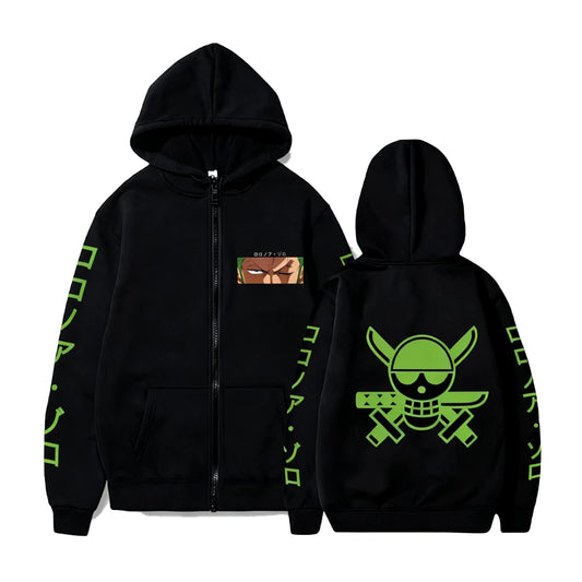 Sweat à Capuche Zippé One Piece - Design Minimaliste Zoro (Noir)