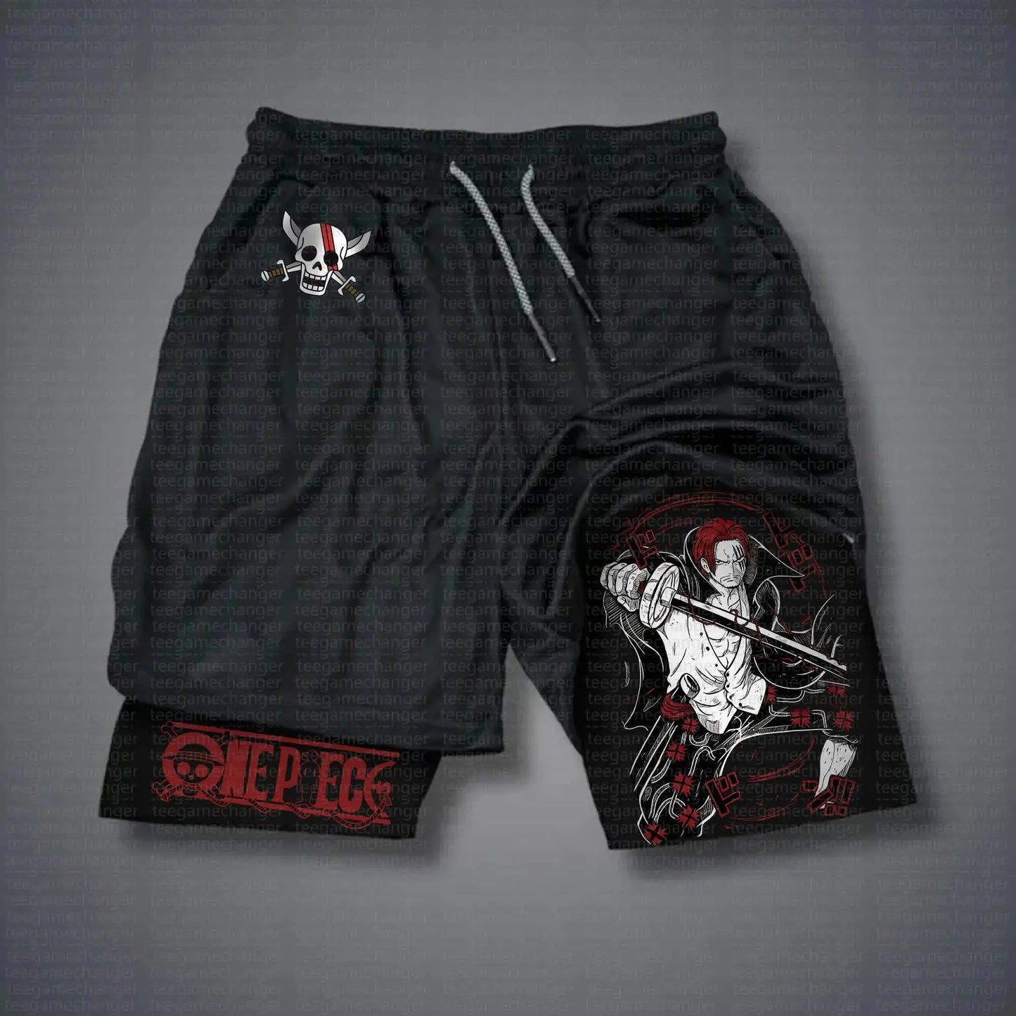 Short de Sport 2-en-1 One Piece - Design Shanks (Noir & Doublure Graphique)