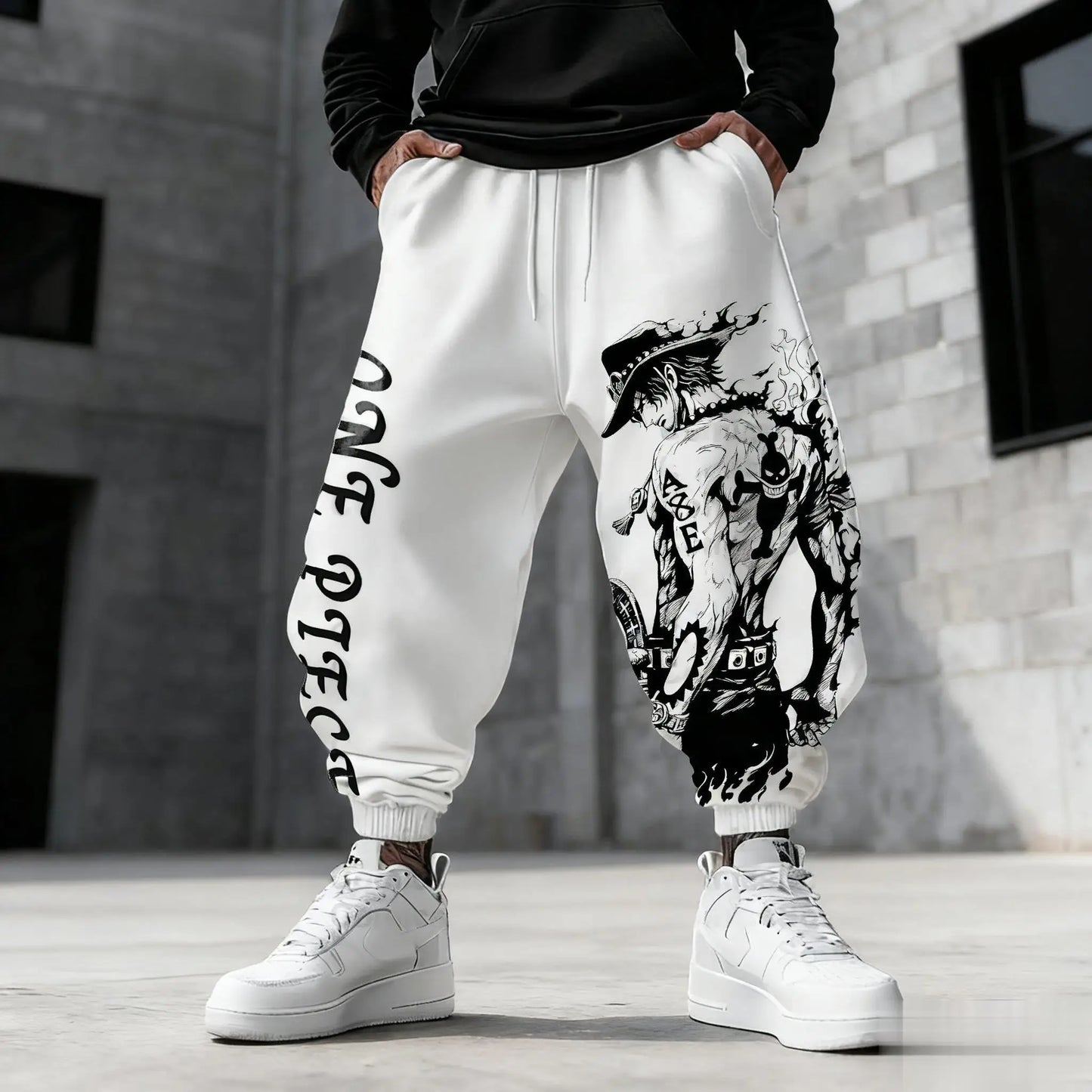 Pantalon de Jogging One Piece - Design Intégral Manga Noir & Blanc (Gris/Blanc)